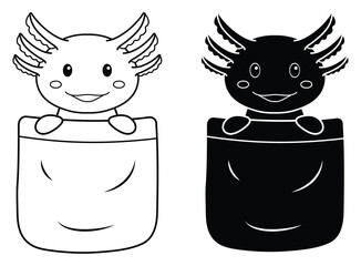 Cute Cartoon Axolotl In a Shirt Pocket Clipart Design - Outline and Silhouette with a Transparent Background 