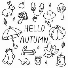 Creative Autumn-Themed Doodle Displaying Seasonal Items and Symbols for Fall