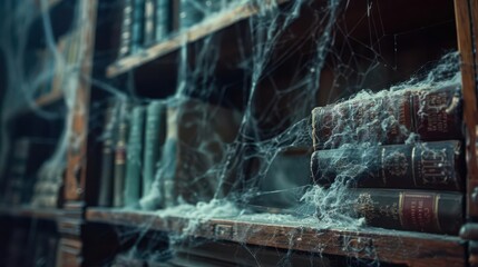 Dusty books on an old wooden shelf covered in cobwebs.