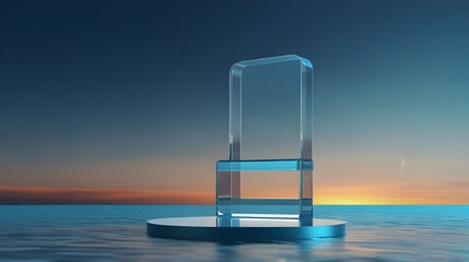Abstract 3D Display Stand_ Glass Podium on Blue Water Background. 3D Display Stand on Blue Water Background with Glass Podium Cosmetic Product Presentations