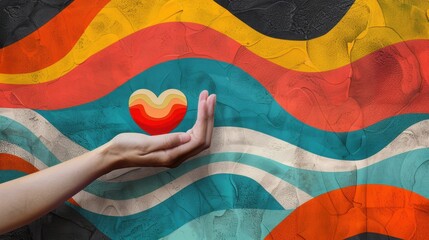 Contemporary Art Collage of Hand Holding Colorful Heart

