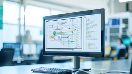 Naklejka premium A computer monitor displaying technical charts and graphs in a modern workspace, ideal for tech and engineering themes.