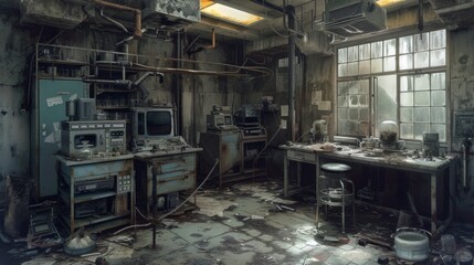 Naklejka premium A derelict lab filled with old machinery and electronic devices. The cluttered room features rusty pipes and outdated technology. A window provides the only source of light, highlighting the room's