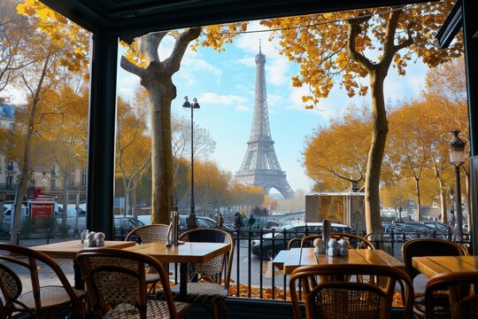 A photo showcasing the iconic Eiffel Tower as seen through the window of a restaurant in Paris, Perspective view of the Eiffel Tower from a Parisian caf&Atilde;&copy;, AI Generated