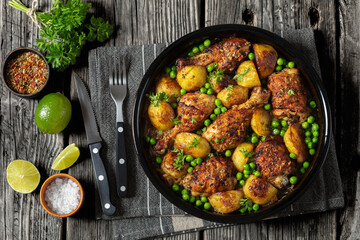 Chicken Vesuvio in a baking dish, top view