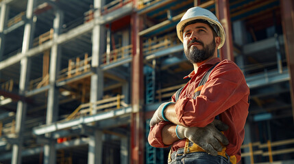 Fototapeta premium The Foreman's Resolve: A rugged construction foreman, adorned in safety gear, stands resolute against the backdrop of a burgeoning skyscraper, embodying the spirit of hard work and determination. 