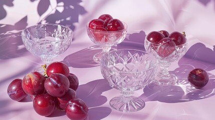 Obraz premium Arrangement of crystal glasses with red plums on light violet background for creative space