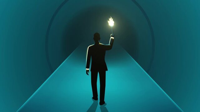Businessman walking slowly holding a torch in a dark tunnel. Ideal for uncertainty and facing challenges themes, symbolizing guidance, determination and never giving up on the path to success