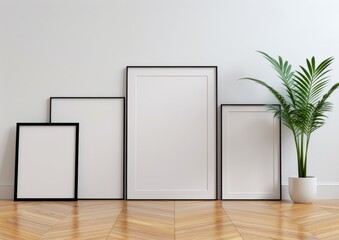 3 empty picture frames of different sizes on the floor leaning against each other, one black frame