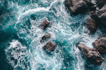 Obraz premium This photo captures an expansive aerial view of the ocean with prominent rocks in the foreground, Piercing aerial view of jagged rocks amidst raging sea waves, AI Generated