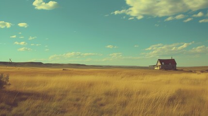Fototapeta premium A lone house stands isolated in a vast golden prairie under a clear blue sky. The expansive landscape and scattered clouds create a peaceful and remote scene, evoking a sense of solitude and