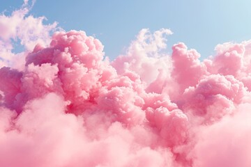 Fototapeta premium A pink cloud floats in the sky, contrasting against the serene blue sky in the background, Pink candyfloss clouds as a cheerful birthday background, AI Generated