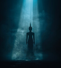 Obraz premium Ethereal Buddha: Mystical Light Rays. Buddha in foggy mist generated AI
