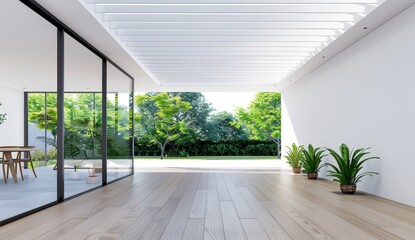 modern minimalistic wooden terrace with a white trellis, surrounded by green plants and trees.