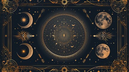 Cosmic 3d frame made with golden spheres and circles on black background.