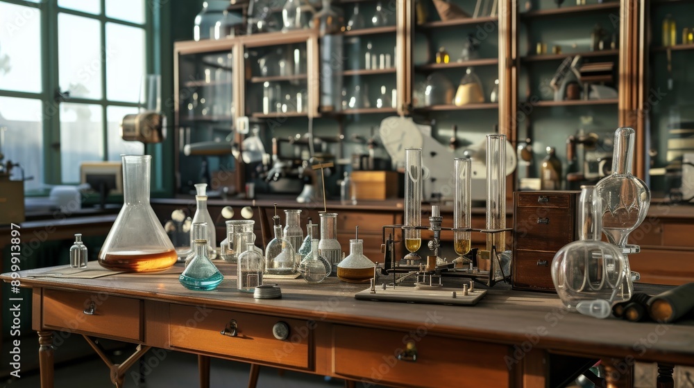Poster 50s style laboratory with retro equipment and glassware on antique tables. --ar 16:9 --quality 0.5 j