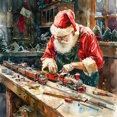 Watercolor illustration of Santa Claus making a wooden toy train in his workshop.