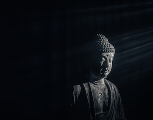 Ethereal Buddha: Mystical Light Rays. Buddha in foggy mist generated AI