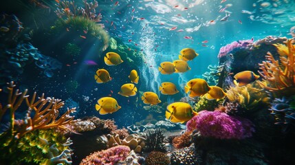 Fototapeta premium a school of bright yellow angelfish, swimming amidst a lush coral garden