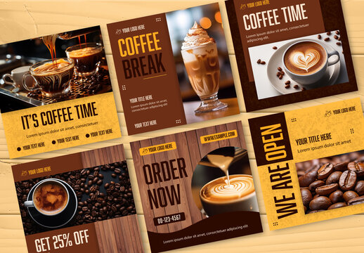 Brown and Yellow Coffee Shop Social Media Post Set