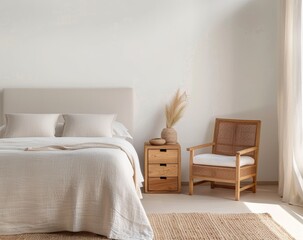 A bedroom with white walls, a large bed and wooden floors. The room has natural light