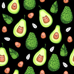 Vector seamless pattern with avocado fruit , kawaii style
