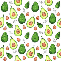 Vector seamless pattern with avocado fruit , kawaii style