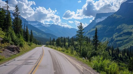 Panoramic view of Going-To-The-Sun road in Glacier National Park, Montana with Clements Mountain and the East Side tunnel in the background