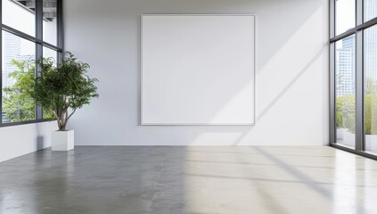 Obraz premium A blank white poster on the wall of an open space office interior, with a concrete floor and high ceilings
