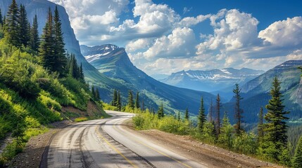 Panoramic view of Going-To-The-Sun road in Glacier National Park, Montana with Clements Mountain and the East Side tunnel in the background