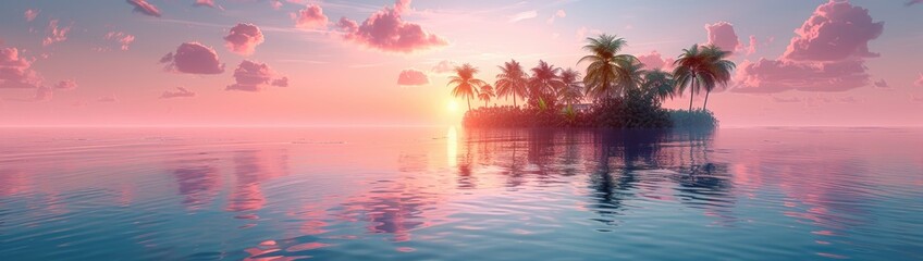 Wide-format tropical sunset with radiant palm silhouettes against a gradient sky of pink and blue hues, perfect for vacation themes. Holiday background. Empty, copy space for text