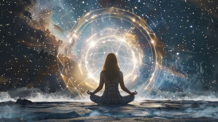 Woman Meditating Before a Glowing Celestial Orb