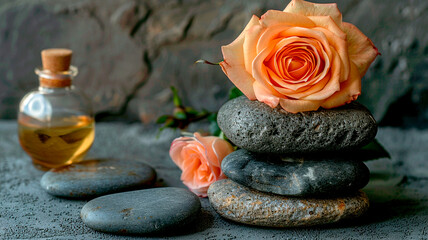 Delicate rose on stacked stones with oil bottle in relaxing spa setting