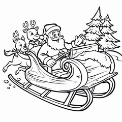 Santa Claus Driving a Sleigh with Two Reindeer. Coloring book line art design vector illustration.