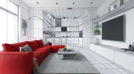 Wireframe Rendering of Modern Living Room with Red Sofa and Kitchen in Background