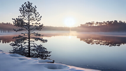 Fototapeta premium Morning Dawn on the Frozen Lake: The Winter Forest among Gentle Light and Fog