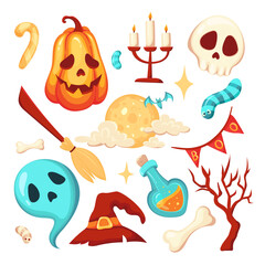 Halloween set of illustrated vector elements. Pumpkin, witch's broom, tree, bat, ghost and skull and crossbones in simple vector style isolated on white background. The atmosphere of an autumn holiday