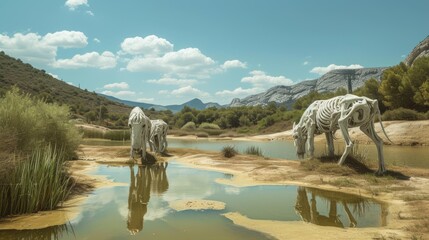 Fototapeta premium Surreal skeletal horse sculptures stand beside a reflective water surface in a natural landscape. The unique art installation contrasts starkly with the serene surroundings, creating an otherworldly