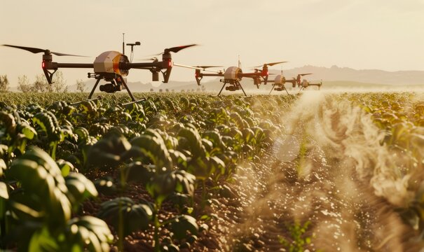 Automated agriculture drones monitoring crop health and optimizing irrigation, increasing yields and sustainability in modern farming practices