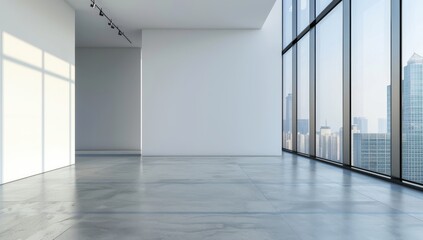 A large empty room with floor-to-ceiling windows overlooking the city, a white wall on one side and concrete
