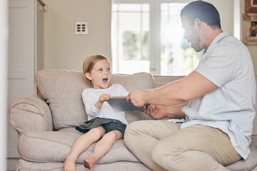 Tablet, conflict and dad with child on sofa for discipline, bad behaviour and frustrated in home....