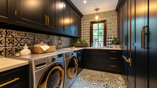 Dark and elegant laundry room featuring a patterned backsplash, black cabinets, and gold hardware. The room is equipped with modern appliances, ample storage, and decorative elements, creating a