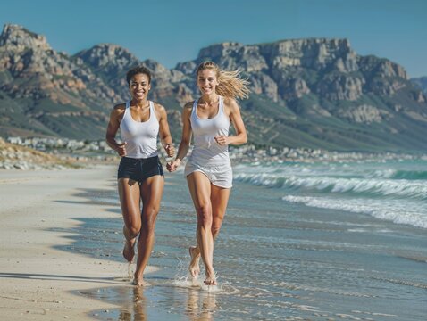 Duas mulheres orrendo na praia