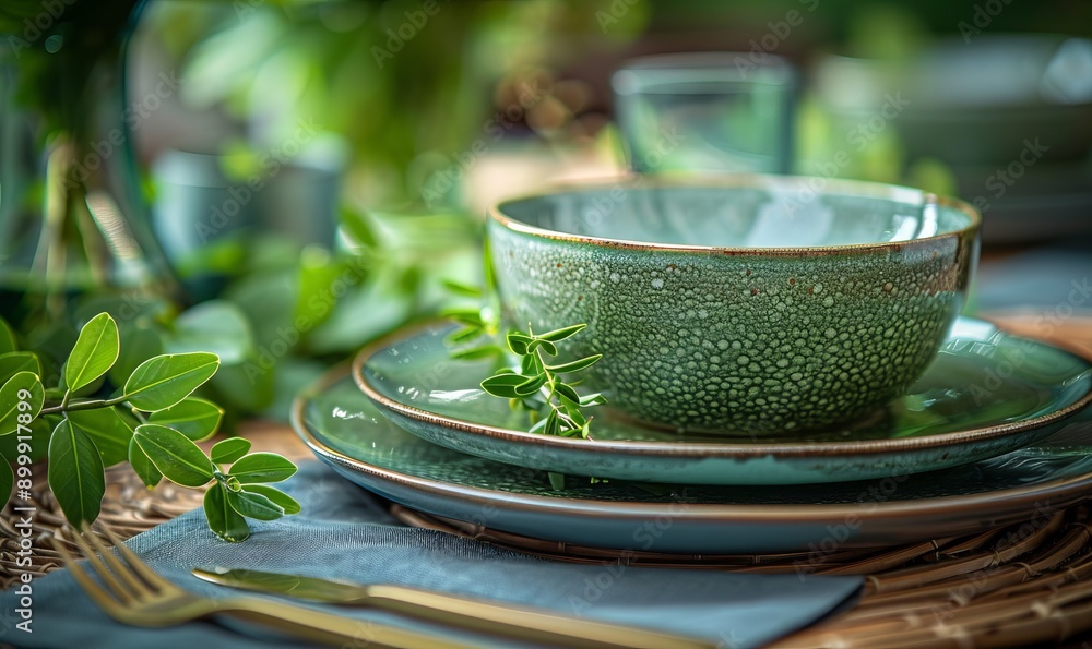 Poster close-up of a green place setting with foliage on a table