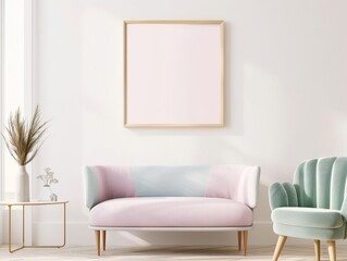 blank poster frame mockup in the middle of an elegant living room, beige and white color scheme