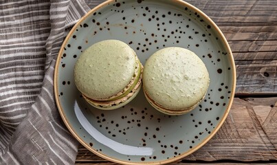 Close-up overhead view of two pistachio macaroons on a plate