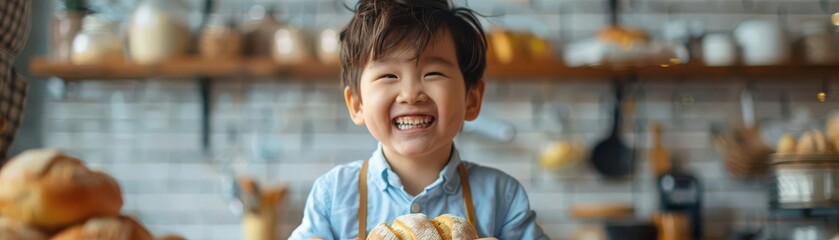 Smiling young boy holding food in kitchen.
