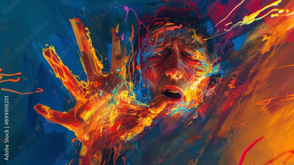 Poster an expressive abstract painting featuring a distressed face and an outstretched hand in a burst of v