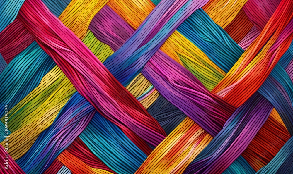 Poster colorful tapestry of intersecting yarn lines, creating a complex, vibrant mosaic effect