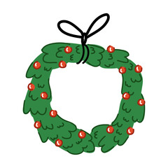 An illustration of a Christmas door wreath. Xmas decoration made from green fir branches.